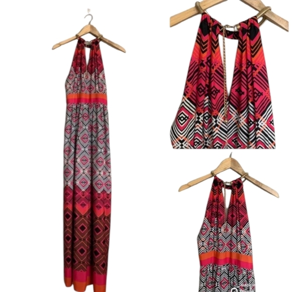 Eliza J Artsy Geometric Print Halter Metallic Necklace Collar Maxi Dress Sz 14 - Picture 2 of 10